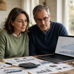 A couple in their fifties reviewing retirement savings and insurance documents at home