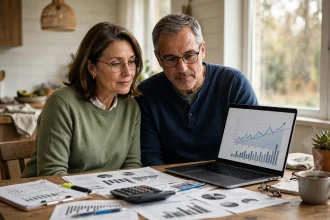A couple in their fifties reviewing retirement savings and insurance documents at home