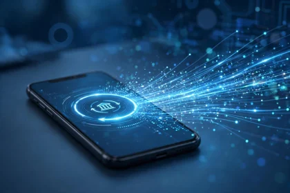 A smartphone making an instant digital payment with fast transfer trails