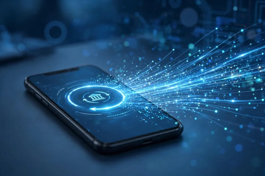 A smartphone making an instant digital payment with fast transfer trails